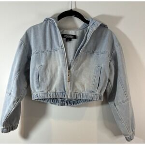 Jou Jou Hooded Cropped Denim Jacket Medium Light Wash Zip Up Jean Style Y2K‎